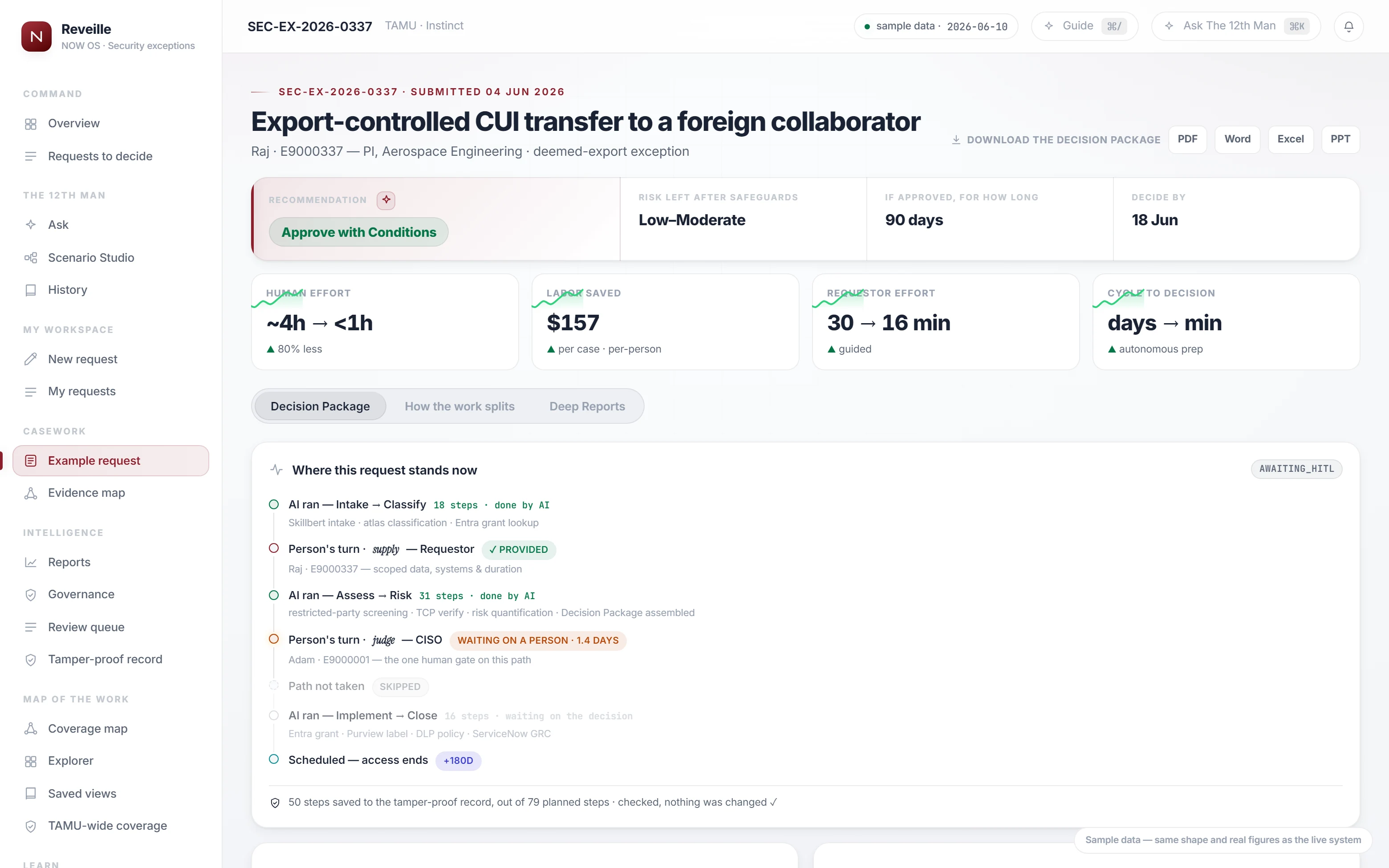 A worked security-exception request with recommendation and step record