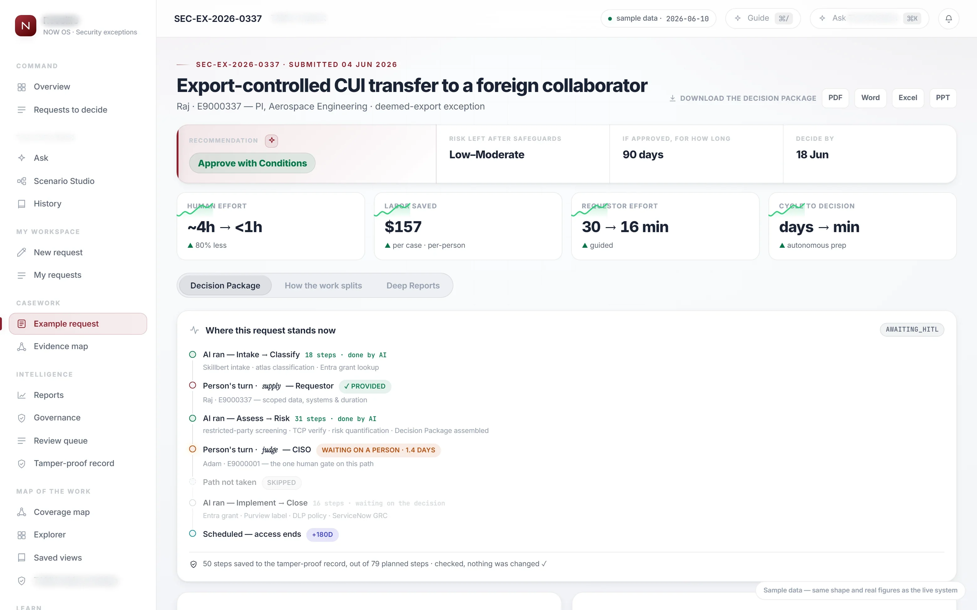 A worked security-exception request with recommendation and step record